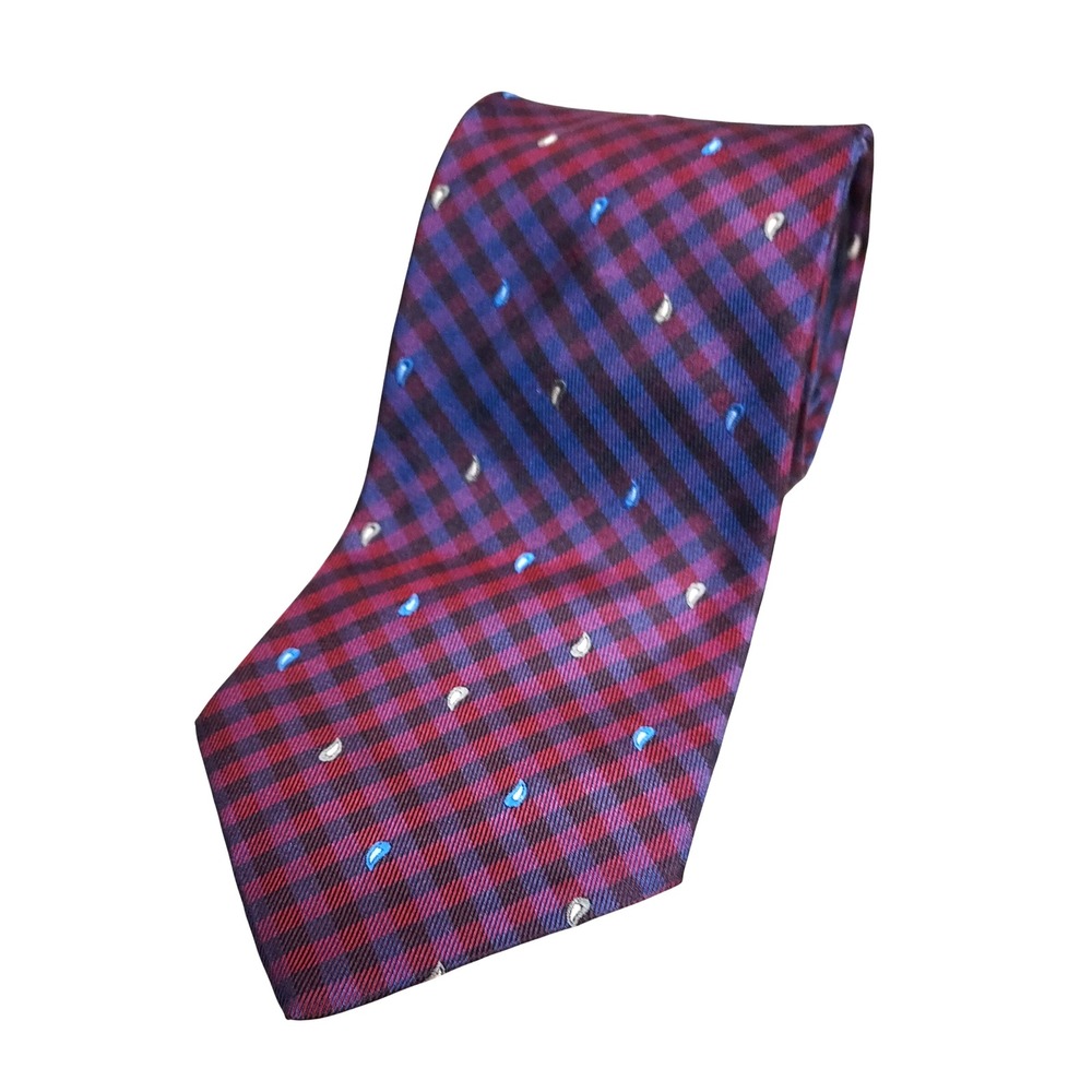 Tommy Hilfiger Men's 100% Silk Necktie Hombre blue purple burgundy small print‎